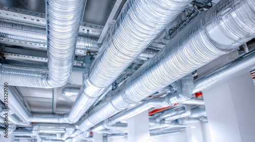 Metallic ductwork and ventilation pipes in a modern industrial ceiling design with copy space