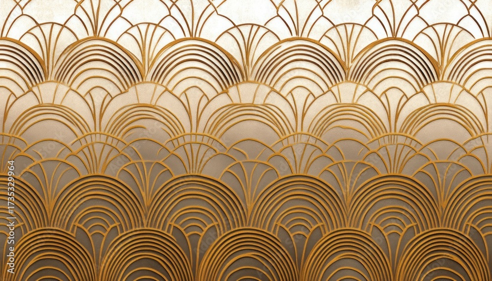 Elegant seamless pattern of overlapping golden and brown semi-circular arches with thin lines and gradient background creating an art deco style design