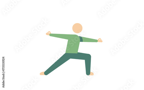 Illustration of a person in a yoga pose with arms outstretched and legs in a lunge position.