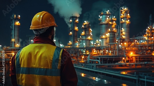 Worker wearing a safety helmet and reflective vest observing an industrial refinery plant lit up at night with smoke rising from chimneys