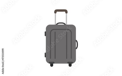 A gray rolling suitcase with a retractable handle and wheels, isolated on a white background.
