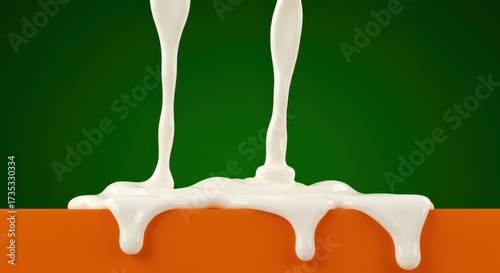 Fluid, creamy white substance streams down a green background onto a vibrant orange plane, forming intriguing shapes and a sense of depth.