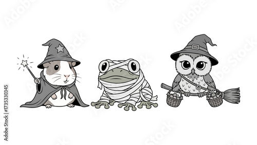 Whimsical Halloween Creatures: A cute illustrations featuring a guinea pig wizard, a frog mummy, and an owl witch, ready to spread joy.