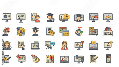 A collection of flat design icons representing online education, learning, and digital resources.