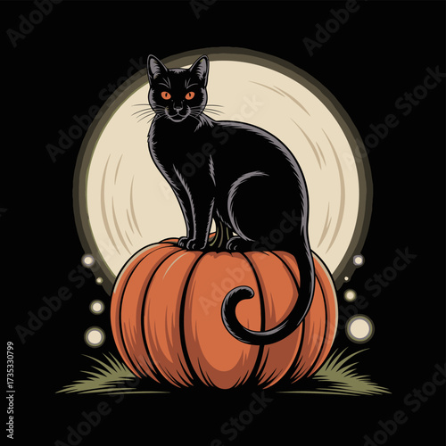 Mysterious black cat with glowing orange eyes sits proudly atop a large pumpkin under a faint full moon