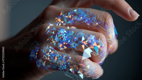 Abstract Digital Hand with Colorful Geometric Patterns and Light Effects