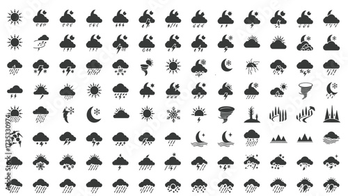 Large collection of black and white weather icons representing various meteorological conditions like sun, clouds, rain, snow, and storms on a white background.
