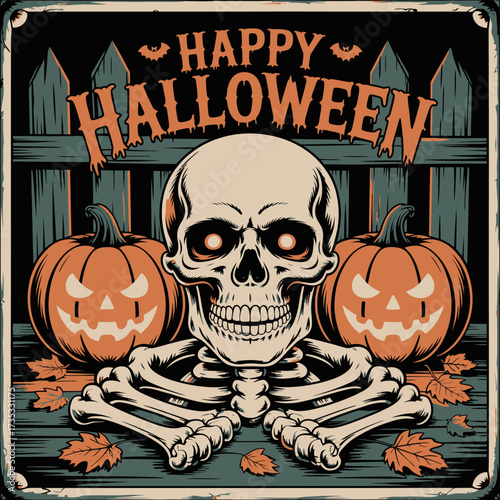 Spooky halloween celebration featuring a skeleton and jack o lanterns in front of a rustic wooden fence with falling autumn leaves