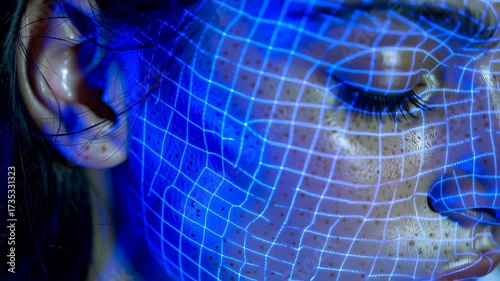 Futuristic Portrait of Woman with Digital Grid and Blue Light Effects