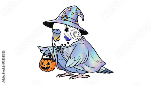 A Whimsical Halloween: A charming budgie, adorned in a whimsical wizard costume, clutches a jack-o'-lantern, ready for trick-or-treating and spooky festivities.