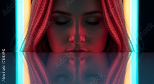Dreamscape Reflection: A woman with eyes closed immersed in the ethereal glow of neon, her reflection mirroring serenity in a captivating dreamscape.
