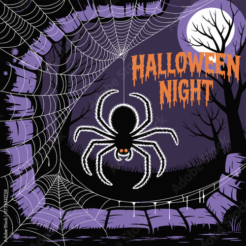 Spooky halloween night scene with a large spider dangling from a web under a full moon and bare trees