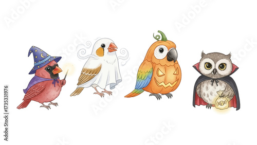 Halloween Birds: An enchanting ensemble of whimsical bird illustrations donning Halloween costumes, from a majestic wizard to a spectral ghost, a cheerful pumpkin-bird.
