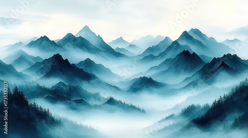 Wallpaper Mural Serene mountain range enveloped in soft morning mist with layered peaks fading into the distance under a pale sky Torontodigital.ca