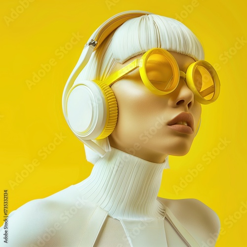 Unique woman with white hair and vibrant yellow sunglasses exudes style against a cheerful yellow background