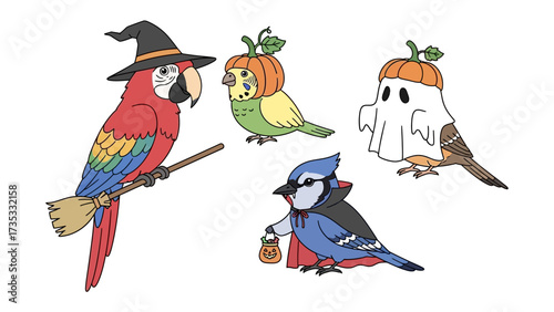 Halloween Avian Ensemble: A whimsical, playful depiction of four vibrantly colored birds in charming halloween costumes. The image bursts with festive cheer and cartoonish delight.
