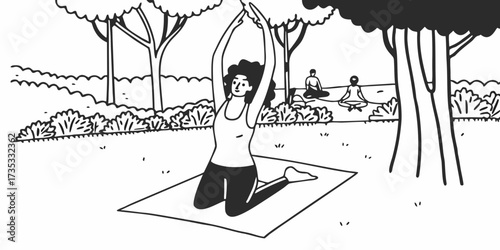 Woman doing yoga on a mat in a park with trees and other people meditating in the background drawing