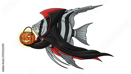 Spooky Aquatic Celebration: A unique Halloween illustration showcases a mesmerizing depiction of a festive fish, gracefully adorned in an evocative costume of a dark.