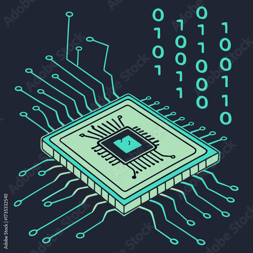 Isometric microchip with binary code, a concept of technology and computing