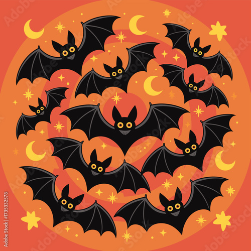 A whimsical halloween illustration featuring a swarm of cute black bats flying among yellow crescent moons and sparkling stars on an orange gradient background