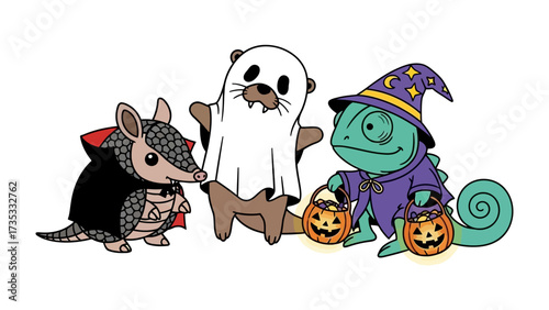 Halloween Fun: An adorable armadillo, otter, and chameleon in creative costumes celebrating Halloween, conveying festive spirit and childlike wonder.