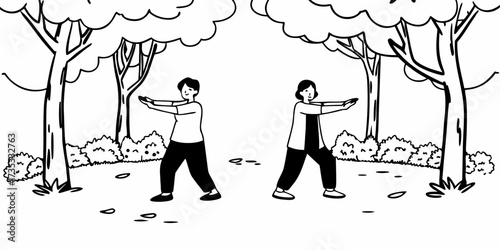 Two women practicing tai chi in a park surrounded by trees and bushes in a black and white illustration