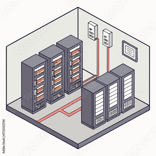 Isometric illustration of a server room with multiple server racks