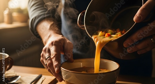 A person's hands pour hot, steaming homemade vegetable soup from a saucepan into a bowl, serving a comforting meal.