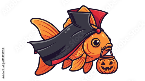 Spooky Halloween Fish: A whimsical illustration of a goldfish in a Halloween costume, wearing a vampire cloak and holding a pumpkin basket.