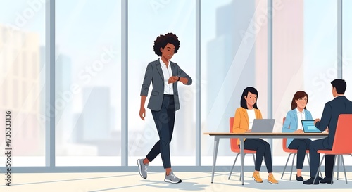 Businesswoman's Vigilance: A focused businesswoman, smartly dressed, checks the time as she strides past a meeting in a bright, modern office, a symbol of professional commitment.