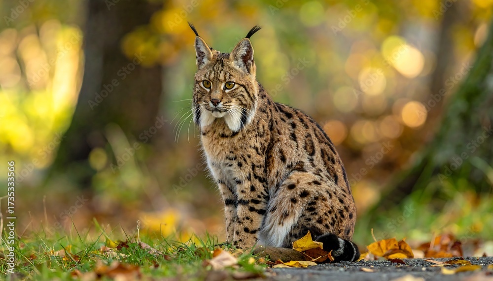 Fototapeta premium A spotted lynx sits among colorful autumn leaves