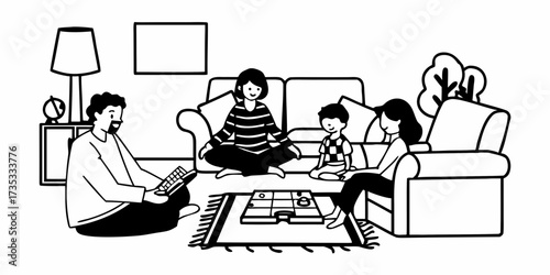 Family playing tic tac toe on a rug in a living room with a couch and armchair in black and white style