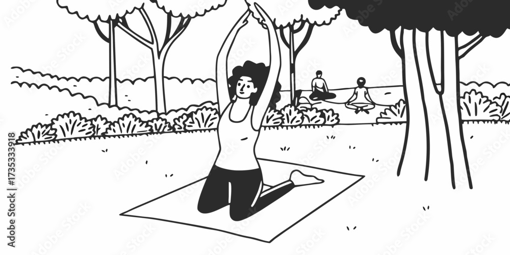 Naklejka premium Woman doing yoga on a mat in a park with trees and other people meditating in the background drawing