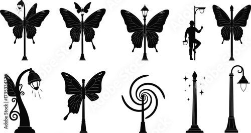 Creative vector illustration of butterfly silhouettes blended with street lamps, fantasy artistic lamp posts, decorative insect art, and imaginative design.