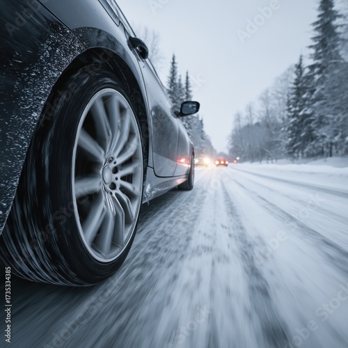 Close-up of a car wheel on a snowy road, showcasing winter driving conditions amid a serene landscape