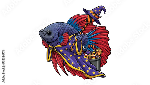 Mystical Betta Fish: A regal Betta fish dons a wizard's robe and hat, casting a spell with its wand in a whimsical depiction that celebrates aquatic magic and fantasy.