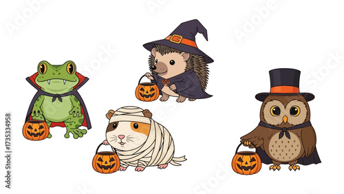 Spooky Critters Halloween: A charming illustration capturing a scene of various adorable animals dressed up in Halloween costumes and carrying pumpkin buckets, perfect for seasonal celebrations.