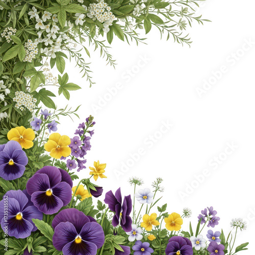 Vibrant pansy and wildflower border with lush greenery on black