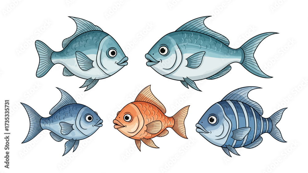 Fototapeta premium Aquatic Harmony: A delightful array of aquatic life, gracefully illustrated, showcases a symphony of vibrant colors and intricate textures, reflecting the mysteries of the deep ocean.