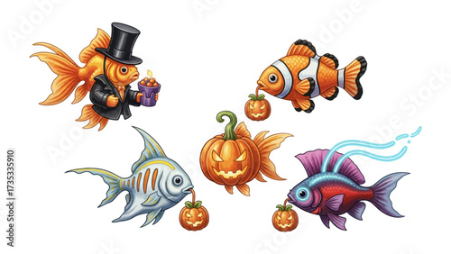 Whimsical Halloween Fish: A playful illustration features a collection of unique fish in a Halloween theme with one fish wearing a top hat. The colorful aquatic scene sets a playful atmosphere.