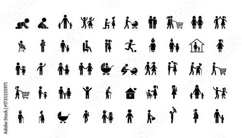 Stickman family icons set. Collection of pictogram illustrations showing parents, children, baby care, parenting, shopping, playing, and home activities. Vector design for lifestyle and community.