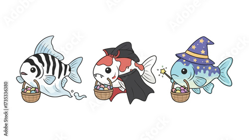 Halloween Fish Trio: A trio of adorable goldfish in whimsical Halloween costumes, each carrying a small basket filled with treats, ready for trick-or-treating.