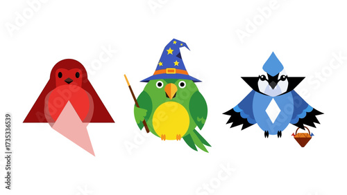 Whimsical Bird Trio: Three cartoon birds, one red, one green wizard, and one blue, bring a playful element to any project. Ideal for adding charm to design.