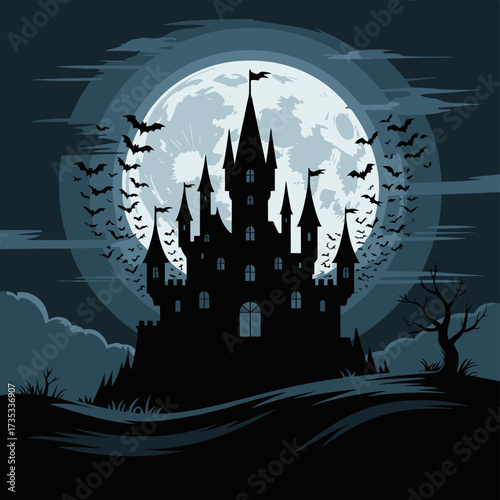 Spooky silhouette of a haunted castle under a large full moon with a swarm of bats flying in the dark night sky