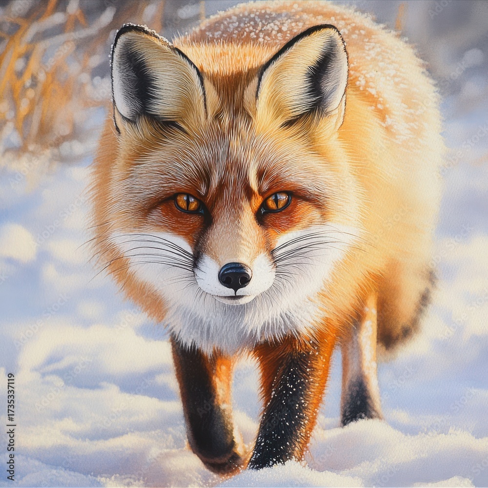 Fototapeta premium Red fox walking through snowy landscape in winter daylight