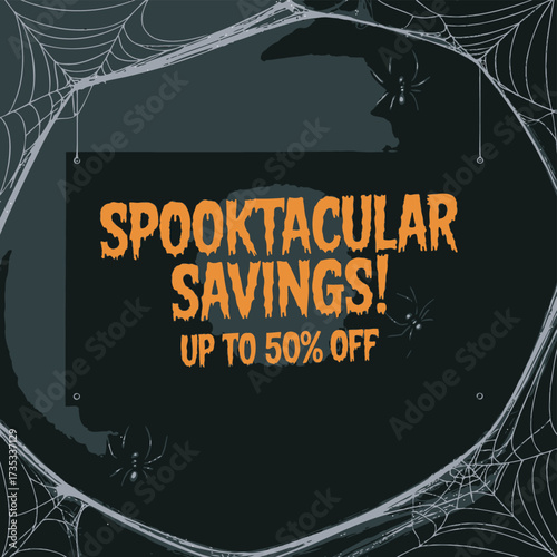 Spooktacular savings up to 50 percent off halloween sale announcement with spiders and cobwebs