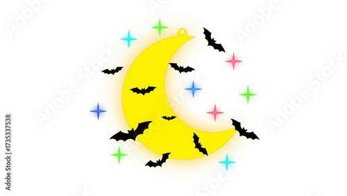 Moonlit Bat Serenade: Against a simple background, a luminous crescent moon is surrounded by a flurry of playful bats and twinkling stars, evoking a sense of magical night.