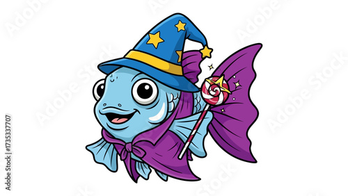 Wizard Fish: A whimsical illustration of an enchanting wizard fish, complete with a pointed hat, flowing cape, and a magic wand, ready to cast spells in a fantastical underwater realm.