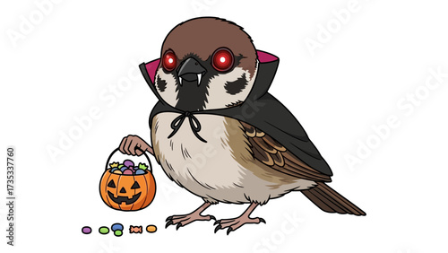 Halloween Sparrow: A charming cartoon sparrow, adorned in a cape and holding a jack-o'-lantern candy bucket, invites viewers into a world of festive delight and whimsical cheer.