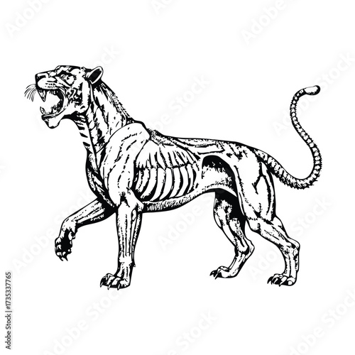 Engraving-Style Anatomical Illustration of a Roaring Tiger